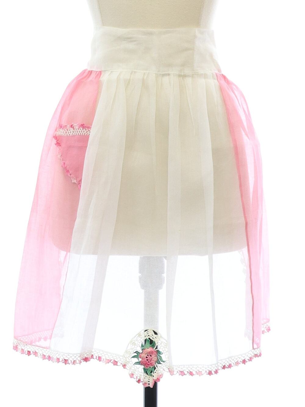 Vintage 60s Pink & White Sheer Crochet Trim Waist Apron Home Sewn